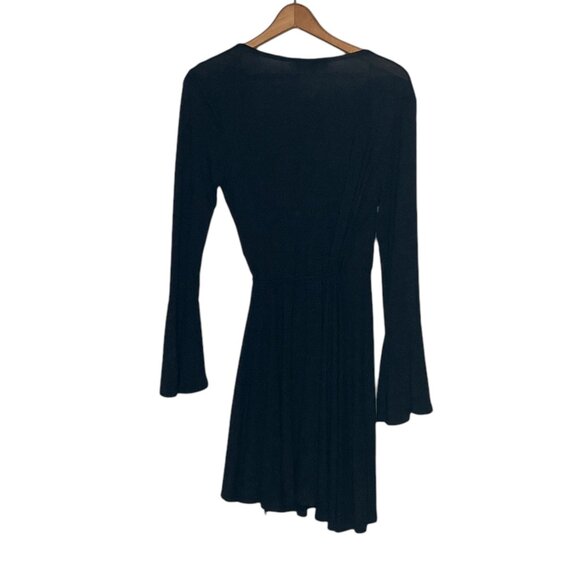 Lulus Small S Black Plot Twist Flounce Sleeve Stretch Flirty Mini Wrap‎ Dress - Picture 6 of 8